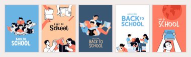 Set of back to school posters. Vector illustration concepts for graphic and web design, business presentation, marketing and print material. International education day, world book day, teachers day.