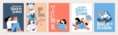 Set of back to school posters. Vector illustration concepts for graphic and web design, business presentation, marketing and print material. International education day, world book day, teachers day.