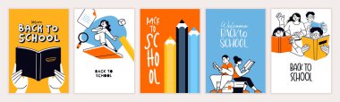 Set of back to school posters. Vector illustration concepts for graphic and web design, business presentation, marketing and print material. International education day, world book day, teachers day.