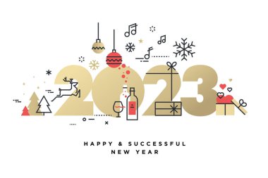 Mutlu yıllar 2023 tebrik kartı. Geçmiş için vektör illüstrasyonu, tebrik kartı, parti davetiyesi, web sitesi afişi, sosyal medya afişi, pazarlama materyali.