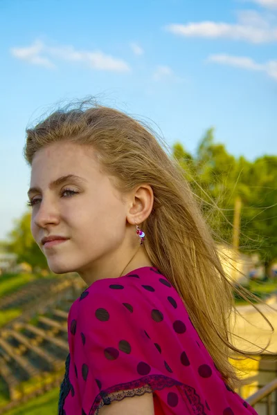 Preteen female outdoors on a sunny, breezy day — Stock Photo, Image