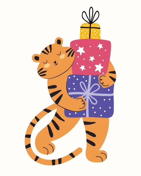 Mignon tigre avec une grosse pile de cadeaux. Nouvel An et personnage animal de Noël. Joyeux bébé tigre en vecteur. Symbole du Nouvel An chinois. Caractère festif dessiné à la main pour la conception d'impression, affiche — Image vectorielle