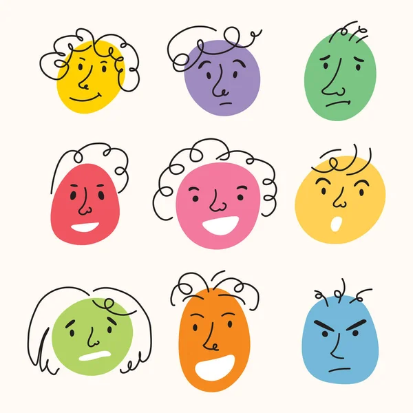 Caras sonrientes redondas divertidas con variantes de emociones. Personajes cómicos dibujados por una línea. Un conjunto de iconos vectoriales de caras de personalidad diferente. Diseño plano. Ilustración vectorial dibujada a mano. — Archivo Imágenes Vectoriales