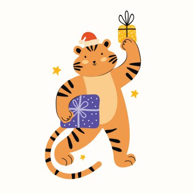 Noel Baba şapkalı komik kaplan ve hediyeler. 2022 Çin yılı kaplanının sembolü. Mutlu yıllar ve Noel. Sevimli hayvan çizgi filmi karakteri. El çizimi vektör illüstrasyonu.