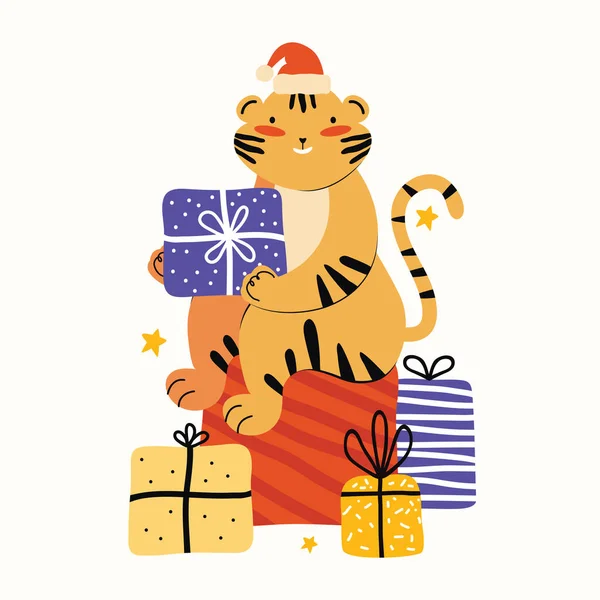 Drôle de tigre dans un chapeau de Père Noël est assis sur une grande pile de cadeaux de Noël. Symbole de 2022 année chinoise du tigre. Bonne année et Noël. Caractère animal de bande dessinée. Illustration vectorielle dessinée main. — Image vectorielle