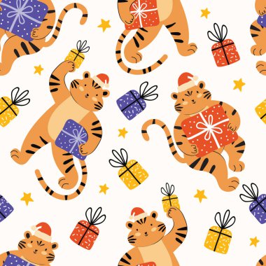 Mutlu Noeller ve yeni yılınız kutlu olsun. Şenlikli arka plan hediyeli komik kaplanlar. Çizgi filmlerdeki hayvan karakterleriyle renkli çizimler. Yazdırma, kumaş, ambalaj için tasarım