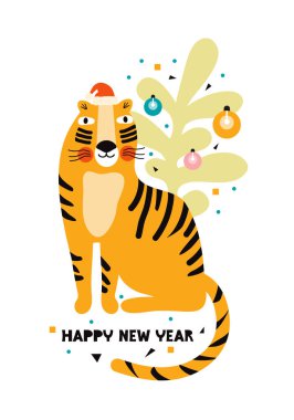 Kaplan Yılı. Noel Baba şapkalı komik kaplan Noel ağacının yanında. Mutlu yıllar tebrik kartı, afiş ya da poster. Tebrik mesajı şablonu. El çizimi düz illüstrasyon