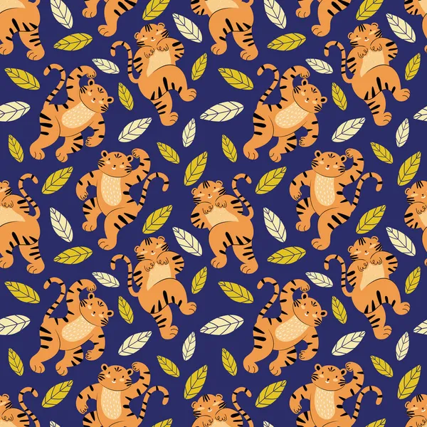 Lindo tigre entre las hojas tropicales patrón sin costuras en el vector. Gato salvaje naranja rayado sobre un fondo azul. Niños coloridos ilustración con animales de dibujos animados. Diseño para postal, banner, web, impresión. — Vector de stock