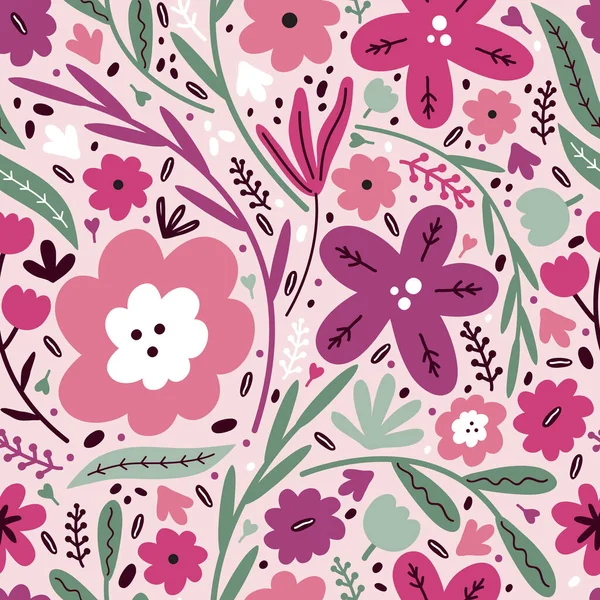 여름 목초지에 화려 한 꽃 과 허브가 피어 있다. 분홍색 배경에 다양 한 식물의 요소가 있는 식물상없는 패턴. 유치 한 스타일이야. 스칸디나비아식으로 손으로 그린 벡터 삽화. — 스톡 벡터