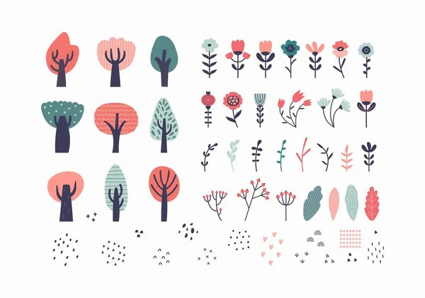 Bitki ve çiçek elementlerinin toplanması. Yaprak döken ağaçlar, çiçekler, bitkiler, yapraklar, saplar, böğürtlenler. Botanik karikatür seti. İskandinav tarzında el çizimi ilkel çocuksu çizimler. — Stok Vektör