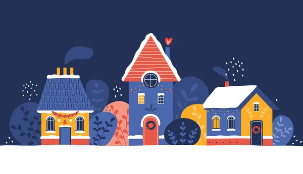 Old town on the background of Christmas winter snow landscape. Cityscape with New Year decoration. Cozy village houses decorated with garlands and Christmas wreaths. Hand drawn vector illustration. — Stock Vector