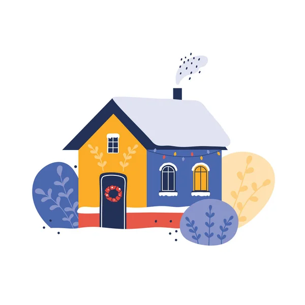 Przytulny dom w śniegu jest świątecznie urządzony. Wesołych Świąt i szczęśliwego Nowego Roku. Zimowy krajobraz miasta. Wnętrze wiejskiego domu. Ręcznie rysowane ilustracje w kreskówkowym stylu płaskim — Wektor stockowy