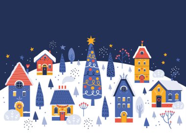 Mutlu yıllar ve mutlu Noeller. Arka planda gece tatil kasabası. Karlı bir kış manzarası. Elle çizilmiş Noel ağacı, şehir, evler, sokaklar. Yatay bayram afişi, kart, poster