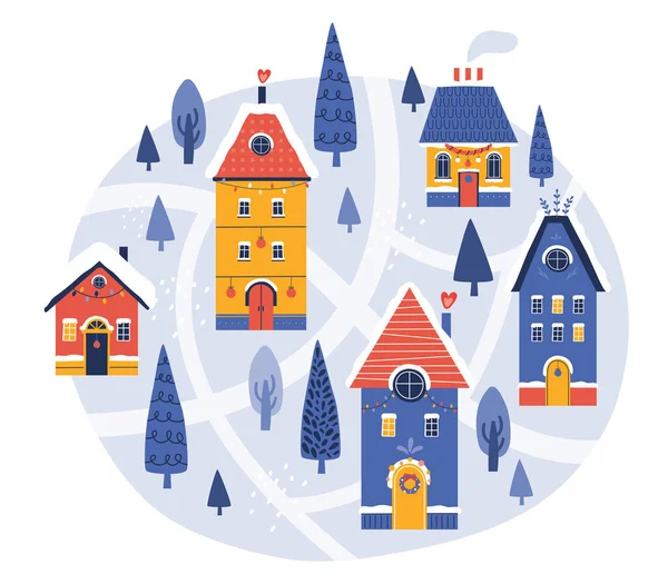 Feliz Navidad y Feliz Año Nuevo. Linda ciudad escandinava en el fondo un paisaje de invierno nevado. Ilustración dibujada a mano de árbol de Navidad, ciudad, casas, calles para postal, pancarta, póster. — Vector de stock