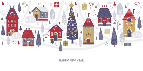 Szczęśliwego Nowego Roku i Wesołych Świąt. Poziomy baner świąteczny z tekstem gratulacyjnym. Zimowe miasteczko na tle śnieżnego krajobrazu. Ręcznie rysowane ilustracje choinki, miasta, domów, ulic — Wektor stockowy
