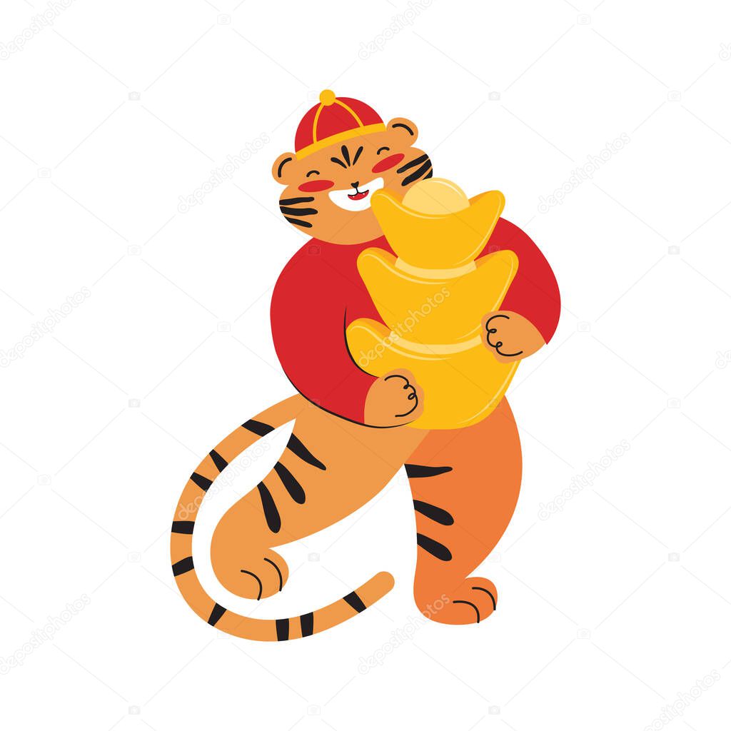 Chinese new year, year of the tiger 2022. Cute tiger holds a big pile of gold ingot. Holiday cartoon character in red traditional clothes. Chinese zodiac symbol. Hand drawn vector illustration.