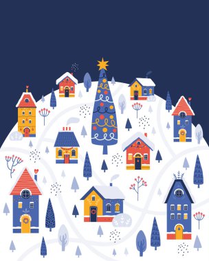 Karlı kış manzarasının arka planında şirin Noel evleri. Noel ve yeni yıl için dekore edilmiş bir gece şehri. Poster, kapak, kartpostal, pankart için İskandinav tarzında el çizimi..