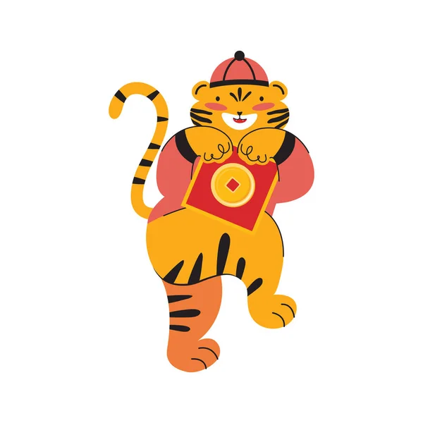 Chiński nowy rok, rok tygrysa 2022. Tygrys trzyma angpao z pieniędzmi. Postać z kreskówek w tradycyjnych ubraniach z czerwonymi kopertami wypełnione chińskie złote monety. Symbol zodiaku. Ilustracja wektora. — Wektor stockowy