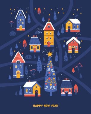 Mutlu yıllar posteri, kapak, kartpostal. Şirin Noel evleri, Noel ağacı, karlı orman, kış manzarasının arka planında yıldızlı gökyüzü. Şenlikli bir gece şehri. El çizimi vektör illüstrasyonu.