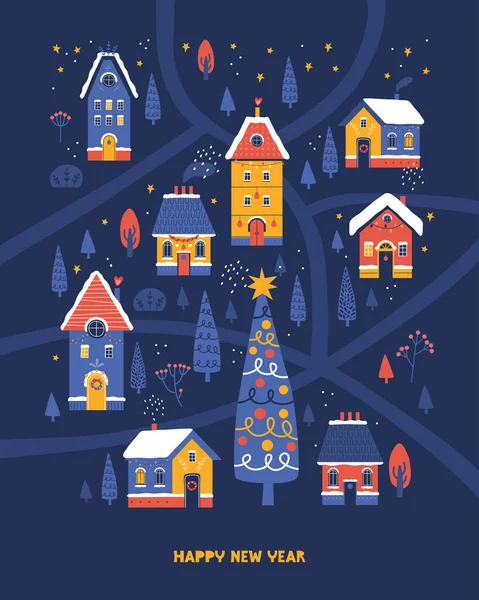 Happy New Year poster, cover, postcard. Cute Christmas houses, christmas tree, snowy forest, starry sky on background of winter landscape. Festive night city. Hand drawn vector illustration.