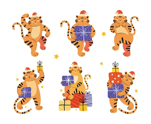 Китайский новый год тигра 2022. Коллекция милых и смешных тигров в шляпах Санта-Клауса с красочными подарочными коробками. С Новым годом и Рождеством. Векторная иллюстрация в скандинавском стиле — стоковый вектор