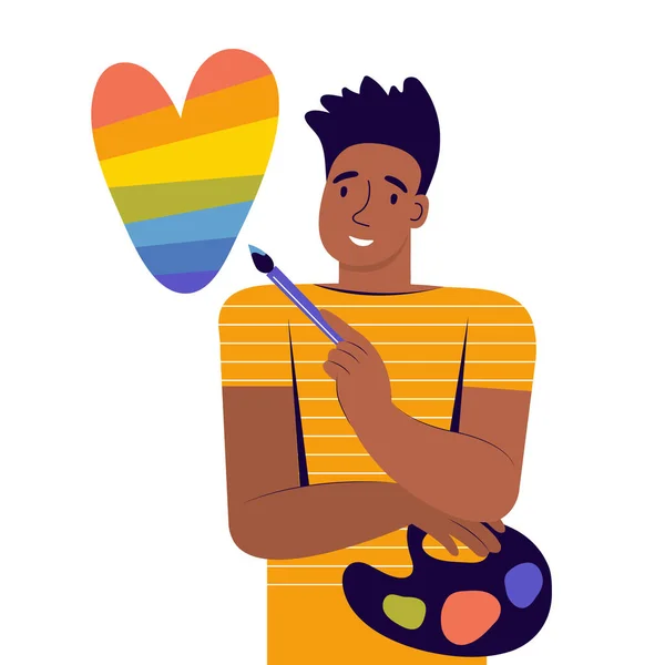 Heterosexual male artist paints with paints a rainbow heart. Love is love. Heterosexual and homosexual love. Inclusion, diverse people equality. LGBT pride. Gender symbol. Hand drawn illustration — Vettoriale Stock