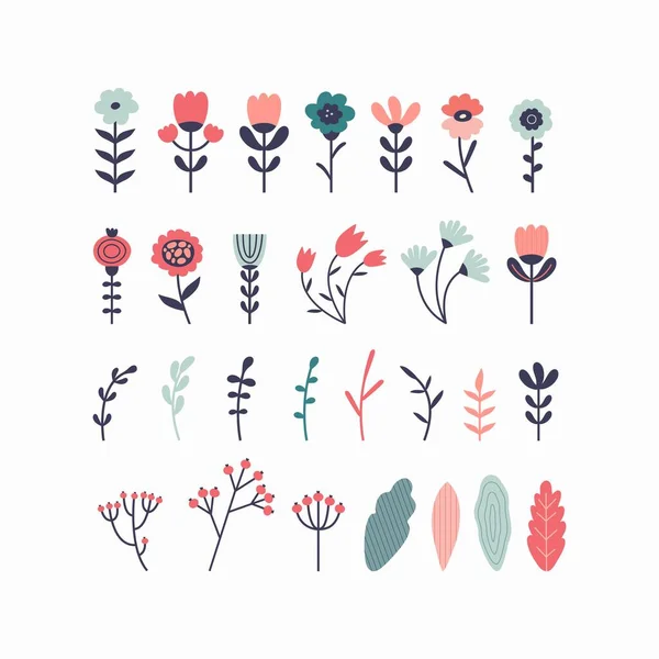 Beyaz zemin üzerinde izole bitki elementleri çiçek koleksiyonu. El çizimi çiçekler, saplar, yapraklar, çimenler, çiçek dalları. Halk tarzı. Botanik kırsal trend düz çizim İskandinav tarzı. — Stok Vektör