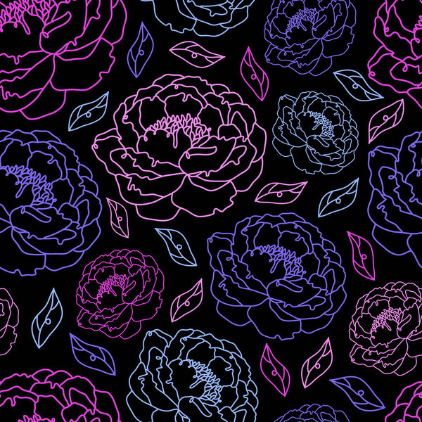 Бесшовный цветочный узор из ярких неоновых цветов на черном фоне. Пионерский бутон, нарисованный одной непрерывной линией искусства. Векторные элементы ручной работы. Абстрактная современная композиция.