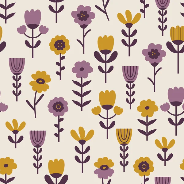 Blooming summer meadow seamless pattern. Repeating pattern stylized floral elements, flowers, stems, meadow grasses on a light background. Rustic style. Hand drawn illustration in Scandinavian style — Stock Vector