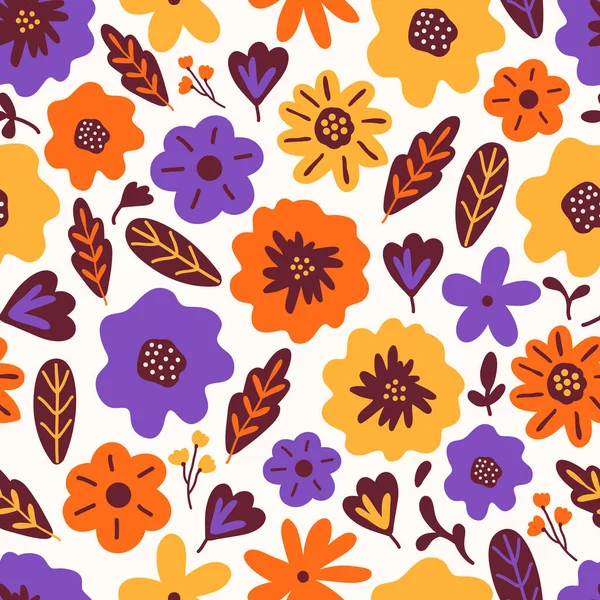 Blooming summer meadow seamless pattern. Repeating floral pattern on white background. Lot of different wild yellow, red, purple flowers on the field. Liberty mille fleurs. Scandinavian style — Stock Vector