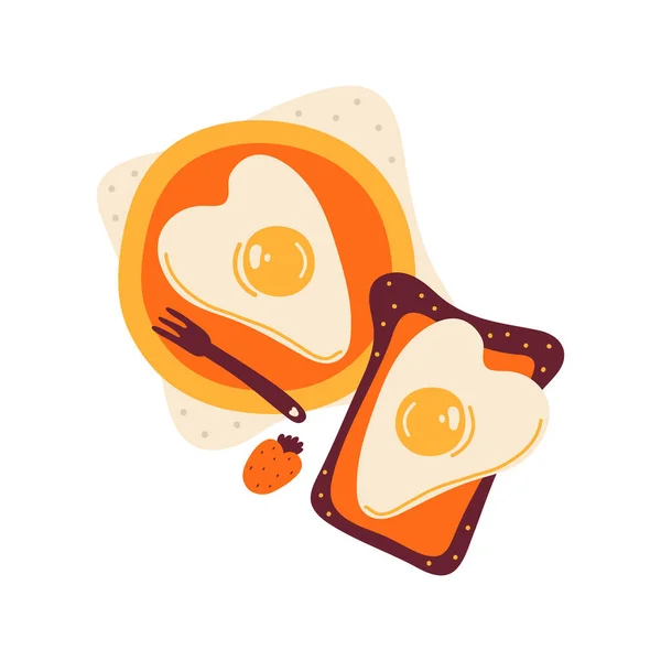 Huevos revueltos en forma de corazón en tostadas fritas y en un plato. Desayuno romántico. Sándwich saludable. Huevo frito de dibujos animados en un pedazo de pan. Día de San Valentín. Ilustración vectorial dibujada a mano en el Ilustraciones De Stock Sin Royalties Gratis