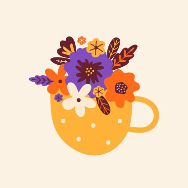 Çay fincanında bir buket bahar çiçeği. Çiçek süsü ya da hediye. Doğum günü için parlak çiçekler, düğün, yıldönümü. Çiçek elementlerinin farklı çeşitleri. İskandinav tarzında elle çizilmiş resim.