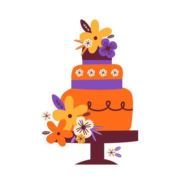 Große dreistufige Torte auf einem Ständer für einen Geburtstag, eine Hochzeit, ein Jubiläum. Festlich süßes Dessert mit leuchtenden Blumen dekoriert. Ikone des festlichen Backens. Handgezeichnete Illustration im skandinavischen Stil. — Stockvektor