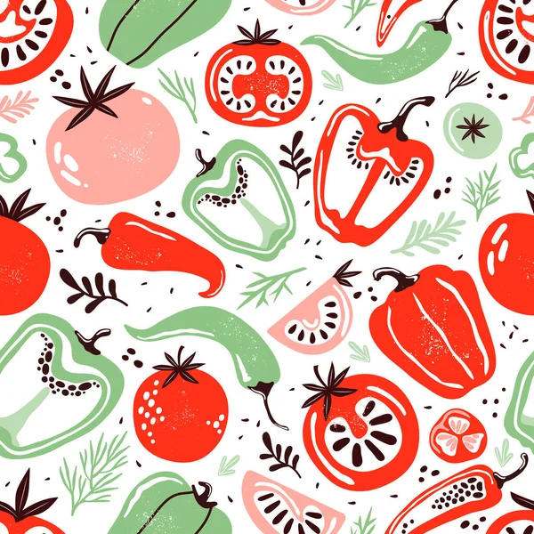 Patrón sin costuras garabatos verduras sobre fondo blanco. Pimienta roja y verde, chile picante, tomates, jalapeño, pimentón, semillas, hierbas. Verduras cortadas a la mitad, pieza. Productos agrícolas. ilustración dibujada a mano. — Vector de stock