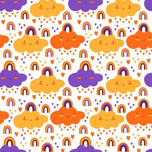 Baby Seamless Pattern Smiling Cute Cloud Rainbow Rain Hearts Kawaii — Stock Vector
