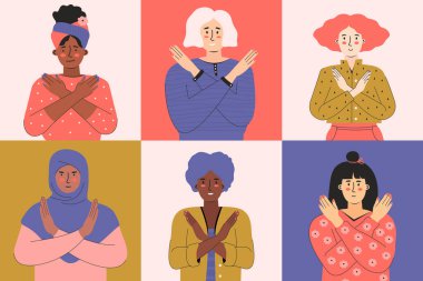 Önyargıyı kır. Kadınların 8 Mart 'taki uluslararası günü. IWD. Farklı ten rengine ve etnik gruplara sahip kadınlar kollarını göğsünde kavuşturuyorlar. Meydan okumayı Seç. Yatay poster, afiş.