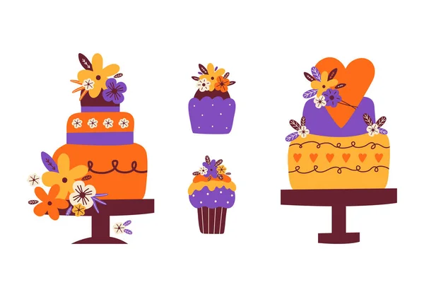 用鲜花装饰的假日奶油蛋糕 病媒为周年纪念日 生日设置了节日的甜点图标 甜糕点 斯堪的纳维亚风格的手绘插图 免版税图库矢量图片