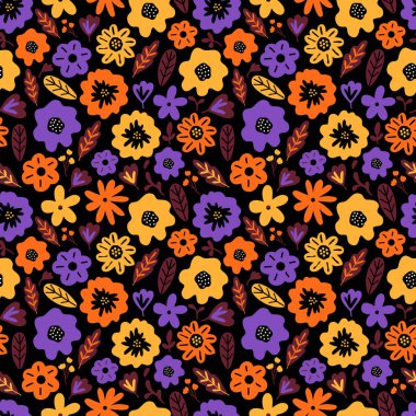 Çiçekli yaz çayırları kusursuz desen. Koyu arkaplanda çiçek desenleri tekrarlanıyor. Sahada bir sürü sarı, kırmızı, mor çiçek var. Liberty mille fleurs. İskandinav tarzı