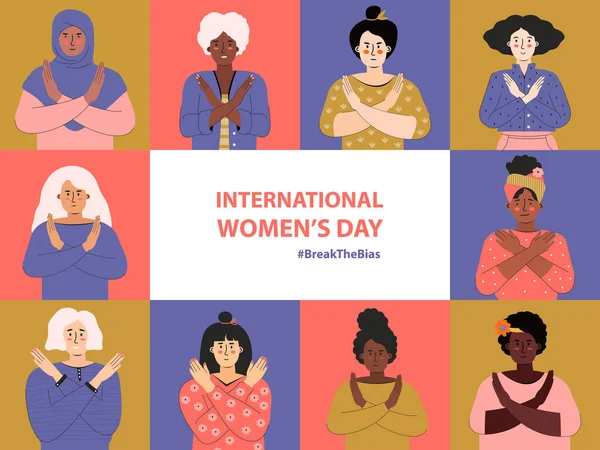 Önyargıyı kır. Uluslararası Kadınlar Günü 8 Mart. IWD. Farklı ten rengine sahip grup üyeleri protesto etmek için kollarını kavuşturuyorlar. Ayrımcılığa karşı kadın hareketi, klişeler. Yatay Pankart