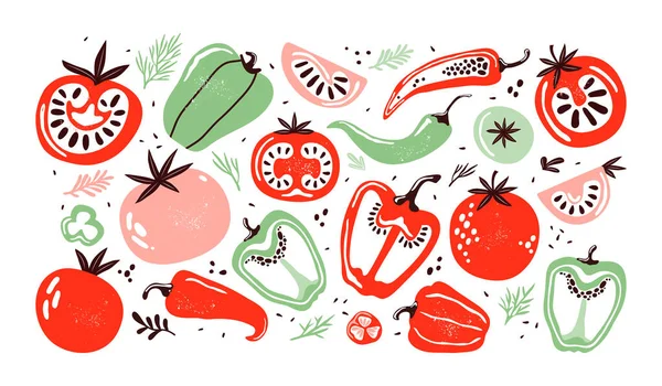 Kézzel Rajzolt Készlet Színes Doodle Zöldségek Trendi Organikus Stílusban Vörös Stock Illusztrációk