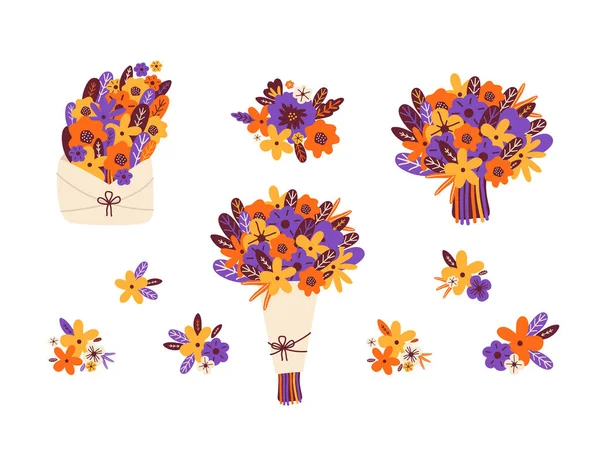 Çiçek Buketleri Çiçek Düzenleme Vektörü Ayarlandı Bahar Yaz Çiçekleri Tomurcuklar — Stok Vektör