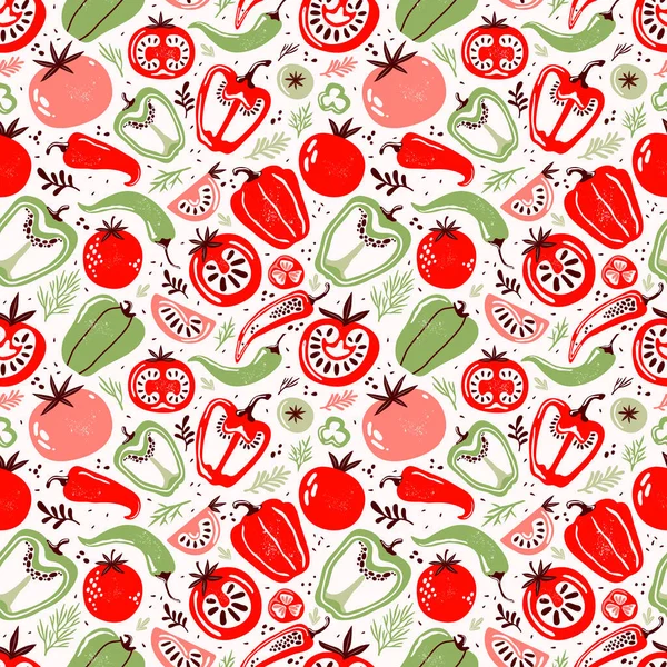 Seamless pattern doodle vegetables on white background. Red and green pepper, hot chili, tomatoes, jalapeno, paprika, seeds, herbs. Vegetables cut half, piece. Farm products. Hand drawn illustration. — Stock Vector