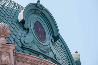 OAXACA, OAXACA, MEXICO- MAY 24, 2022: Detail of the roof of Teatro Macedonio Alcala in Oaxaca, Mexico. This theater was built on 1903