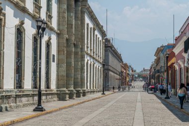 OAXACA, OAXACA, MEXICO - 24 Mayıs 2022: Güneşli bir günde Oaxaca şehir merkezindeki antika binaların görüntüsü