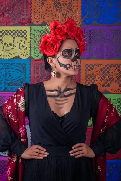 Porträtt Mexikansk Kvinna Traditionell Make Och Catrina Kostym Färgglada Skära — Stockfoto