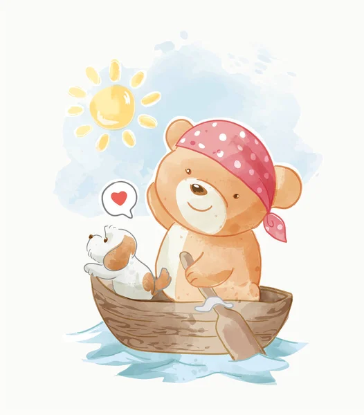 Mignon Ours Dessin Animé Voile Sur Bateau Bois Illustration Vectorielle — Image vectorielle