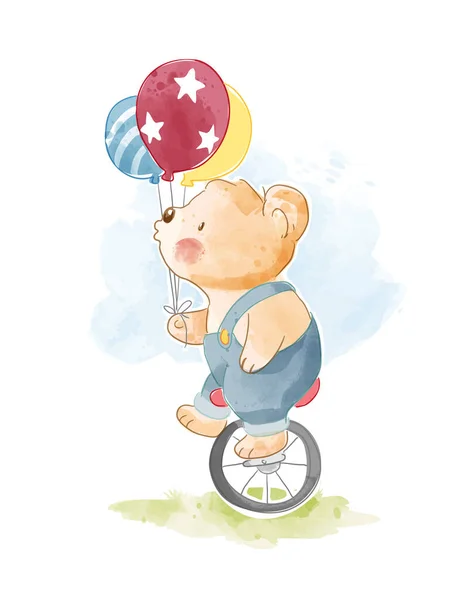 Netter Bär Reitet Einrad Und Hält Luftballon Illustration — Stockvektor