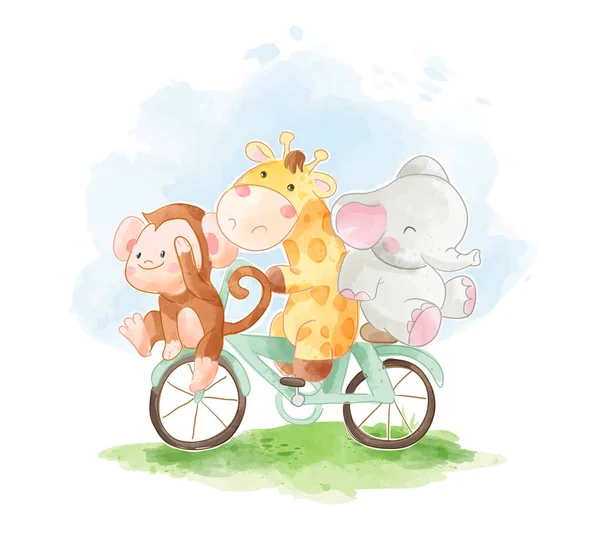 Bonito Desenhos Animados Animais Amigos Andar Bicicleta Ilustração —  Vetores de Stock
