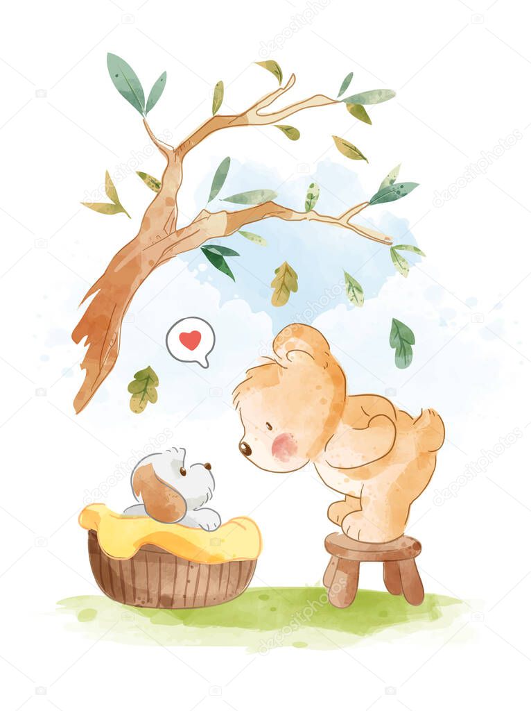 Cute bear and little puppy in basket illustration