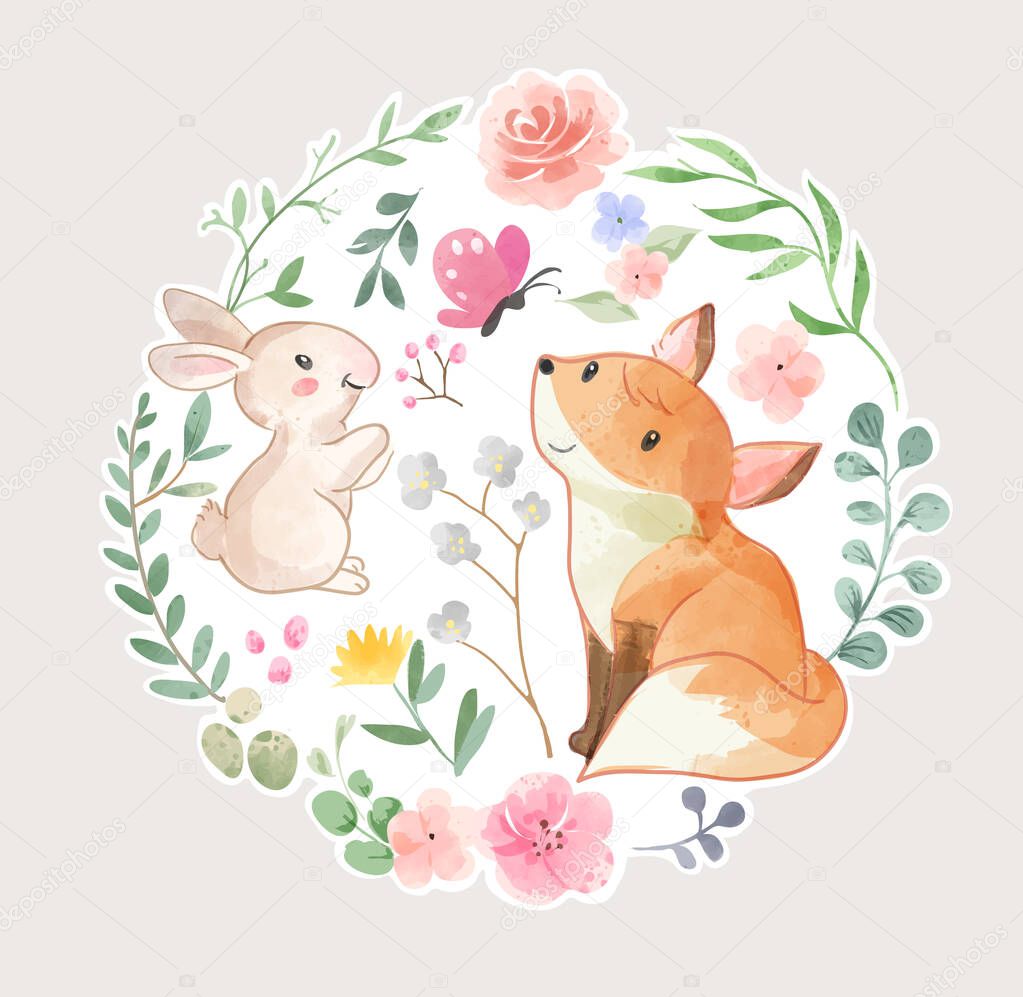 Cute fox and rabbit cartoon in wild leaf circle frame illustration